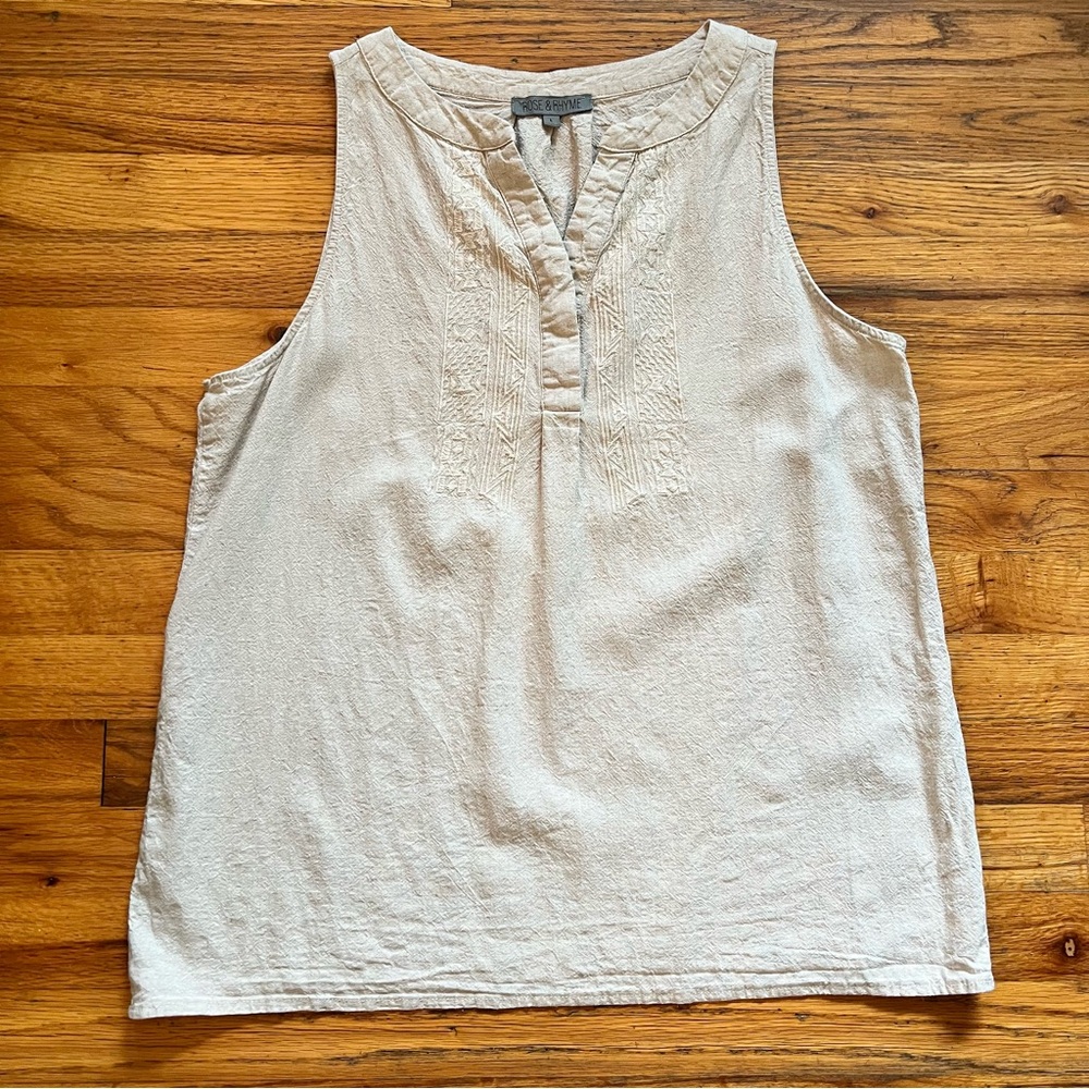 Beige Sleeveless Linen-blend V-neck Embroidered Blouse Rose & Rhyme Boho Resort